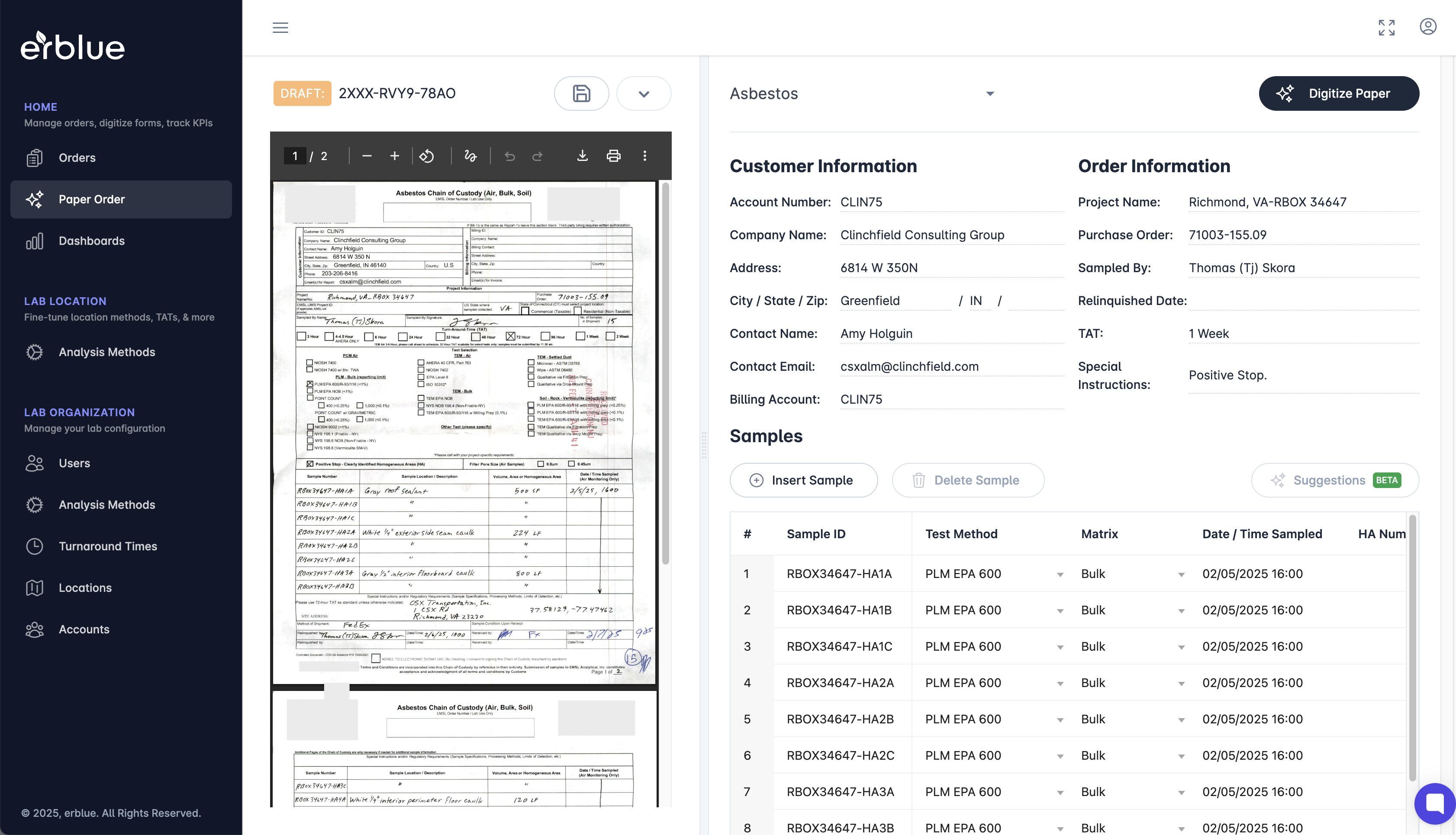erblue LOMS digitize interface showing AI-powered sample login