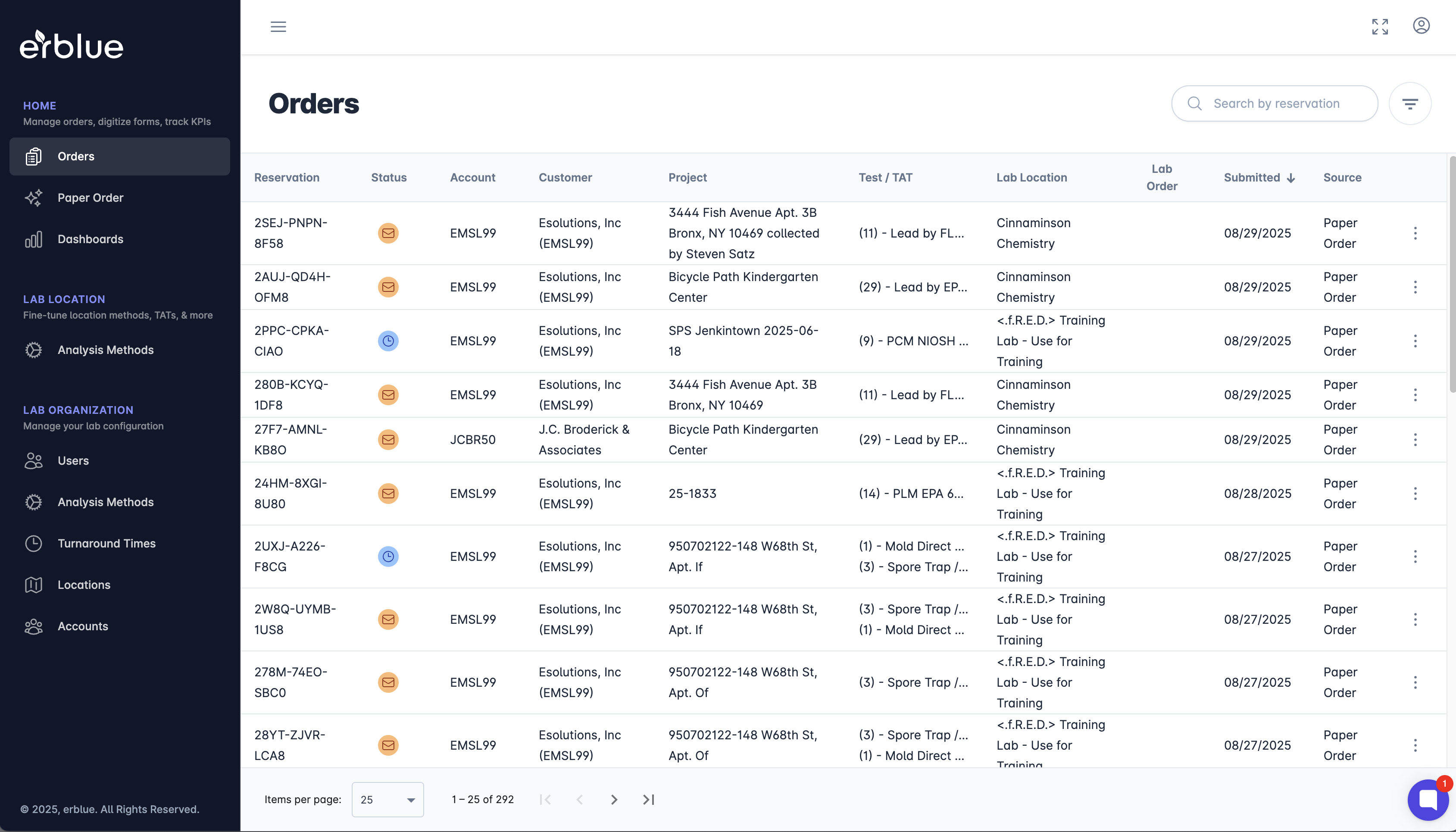 erblue LOMS orders interface showing centralized order management dashboard