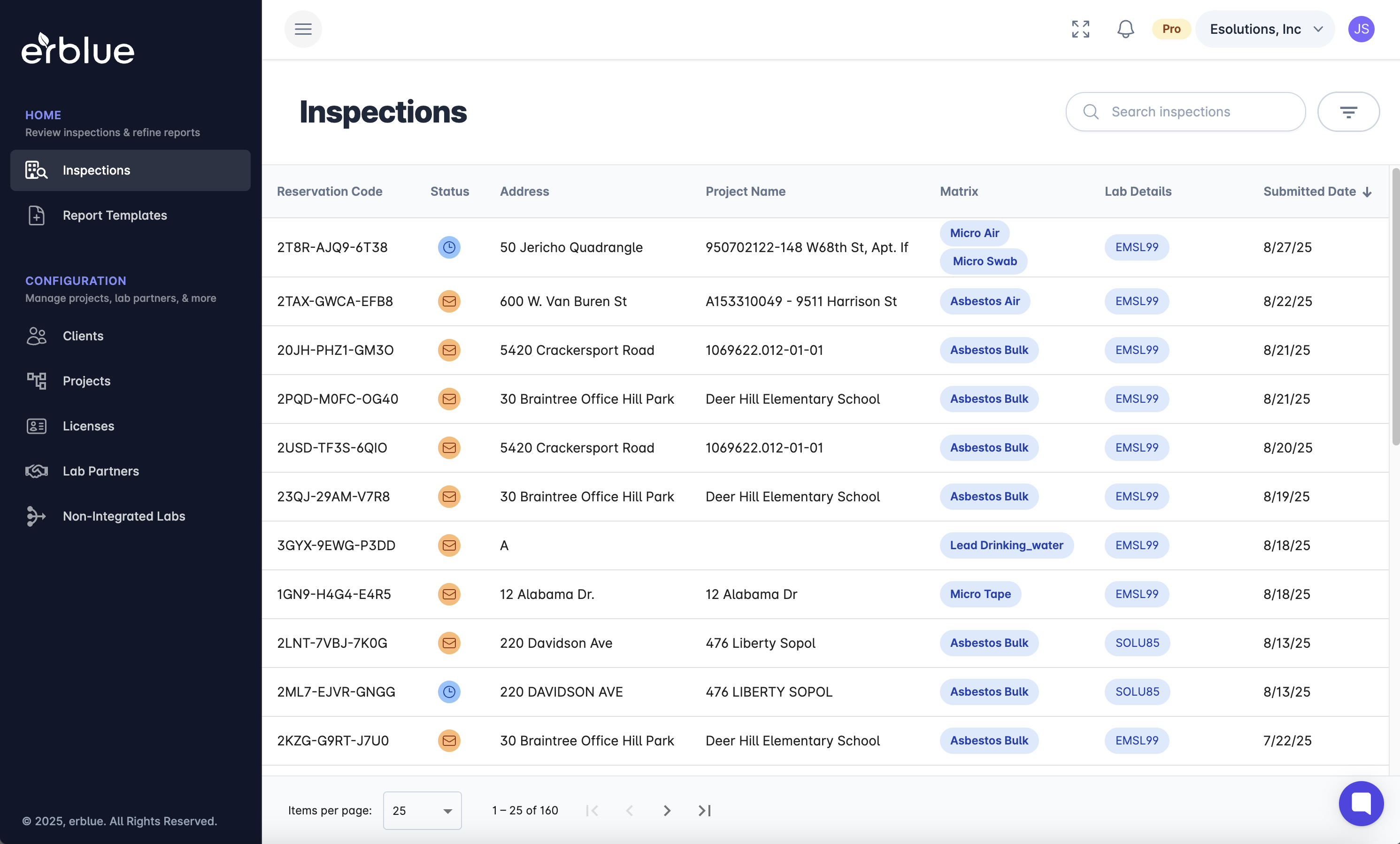 erblue inspection management dashboard showing order tracking