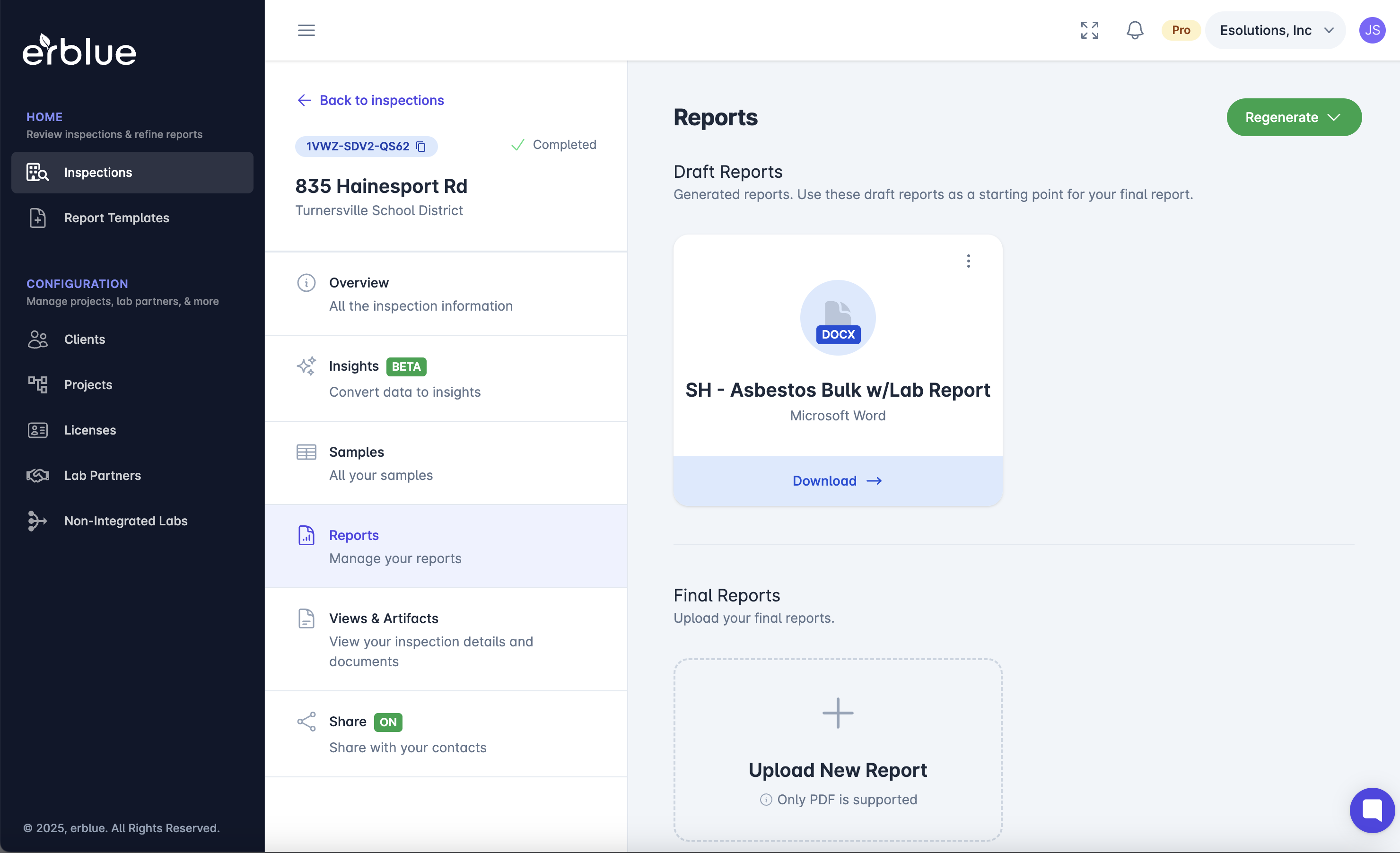 erblue report listing showing various reports and their statuses